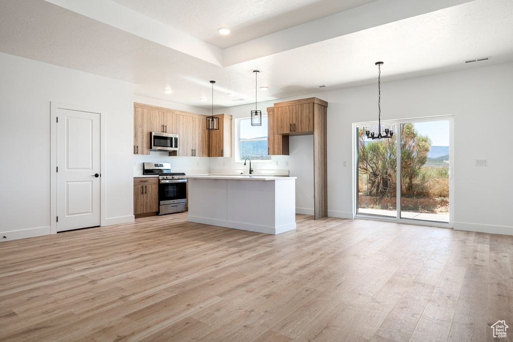 Kitchen with light wood-type flooring, appliances with stainless steel finishes, hanging light fixtures, and plenty of natural light