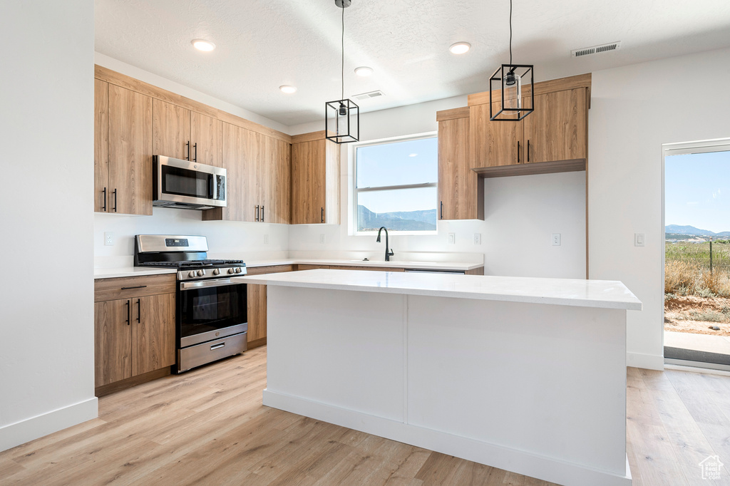 Kitchen with a wealth of natural light, stainless steel appliances, light hardwood / wood-style flooring, and a kitchen island