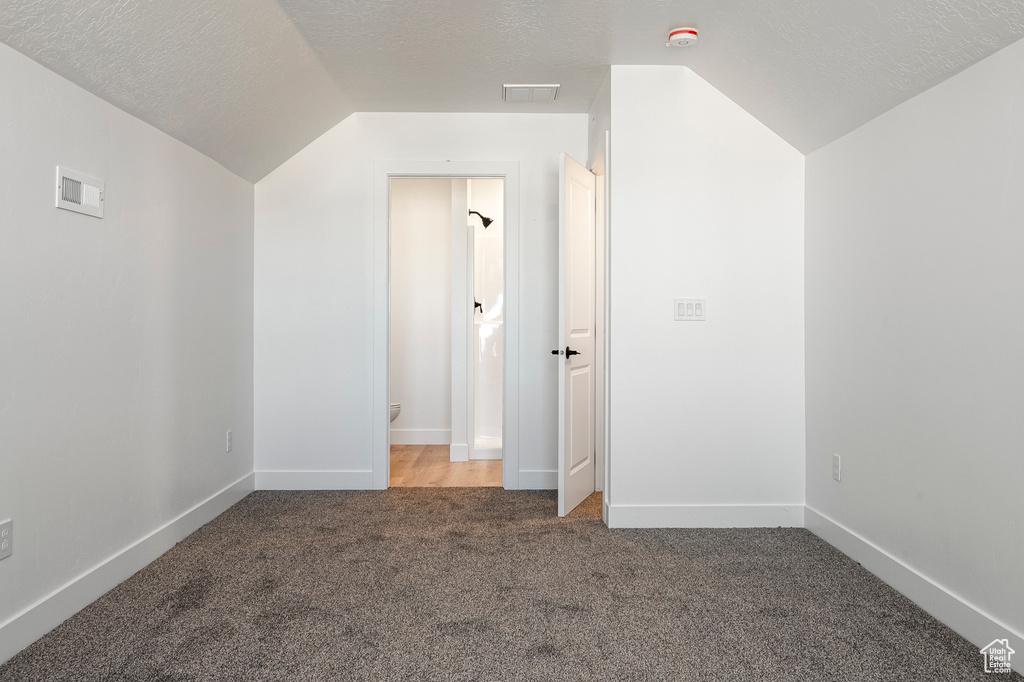 Bonus room with carpet, a textured ceiling, and lofted ceiling