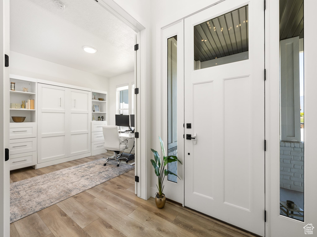 Foyer entrance with light hardwood / wood-style flooring