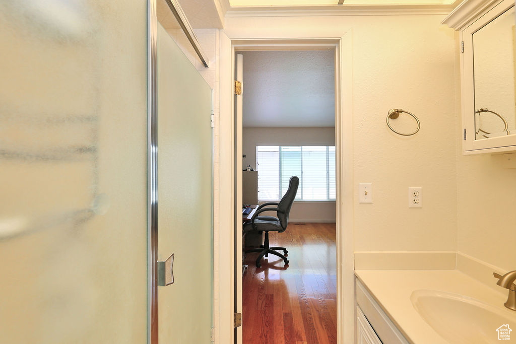 Bathroom featuring wood-type flooring and vanity