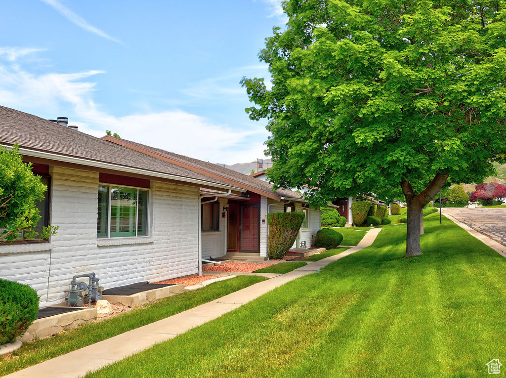 Ranch-style home featuring a front lawn