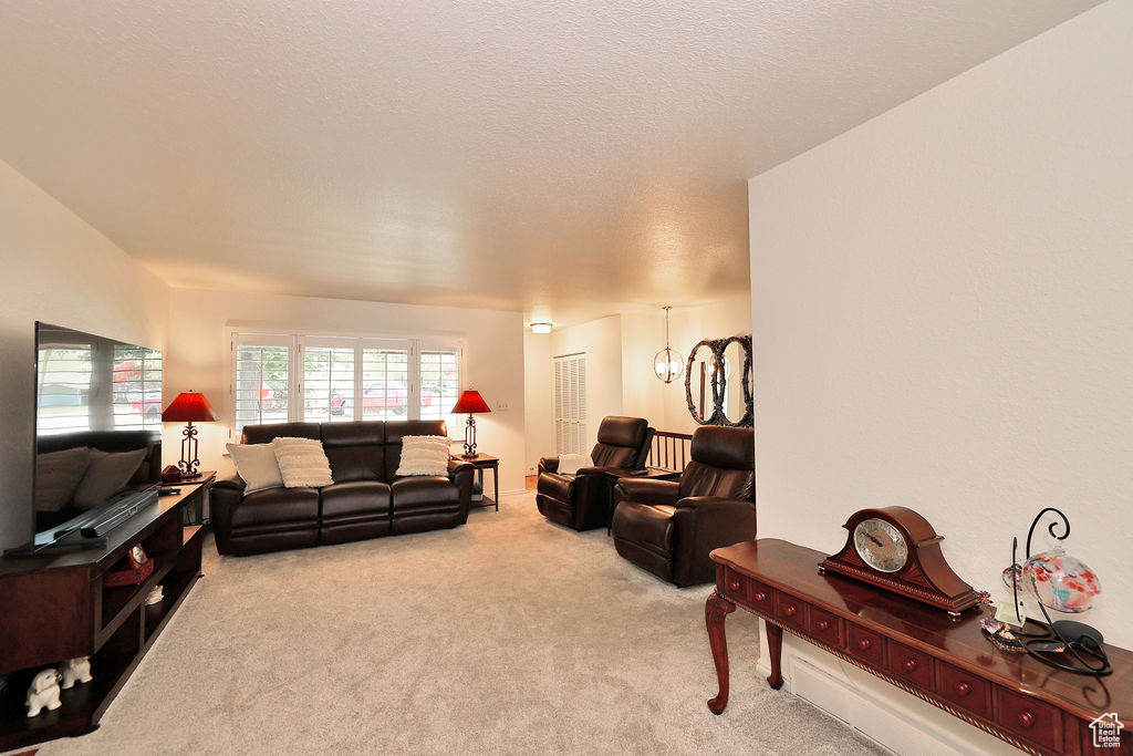 Carpeted living room with a textured ceiling