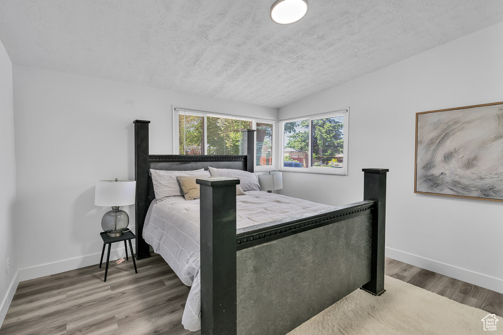 Bedroom featuring vaulted ceiling and hardwood / wood-style floors