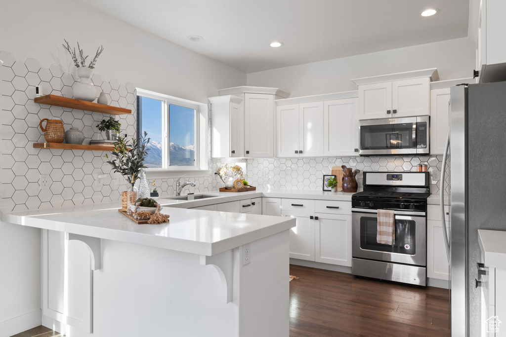 Kitchen featuring dark hardwood / wood-style floors, kitchen peninsula, backsplash, and appliances with stainless steel finishes