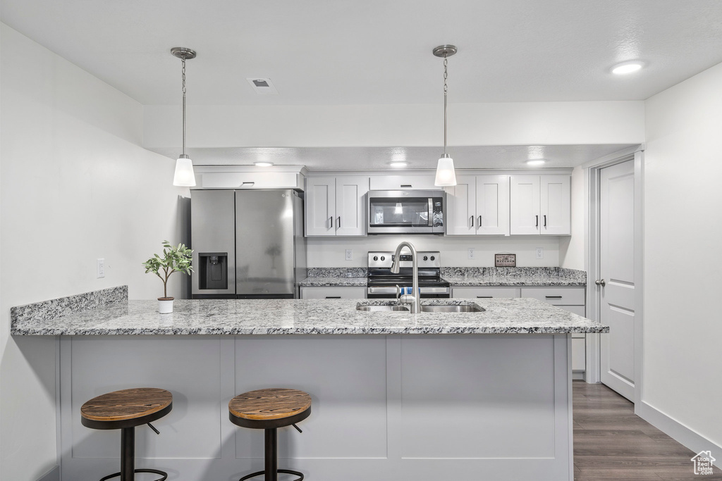 Kitchen with dark hardwood / wood-style floors, light stone countertops, white cabinets, and appliances with stainless steel finishes