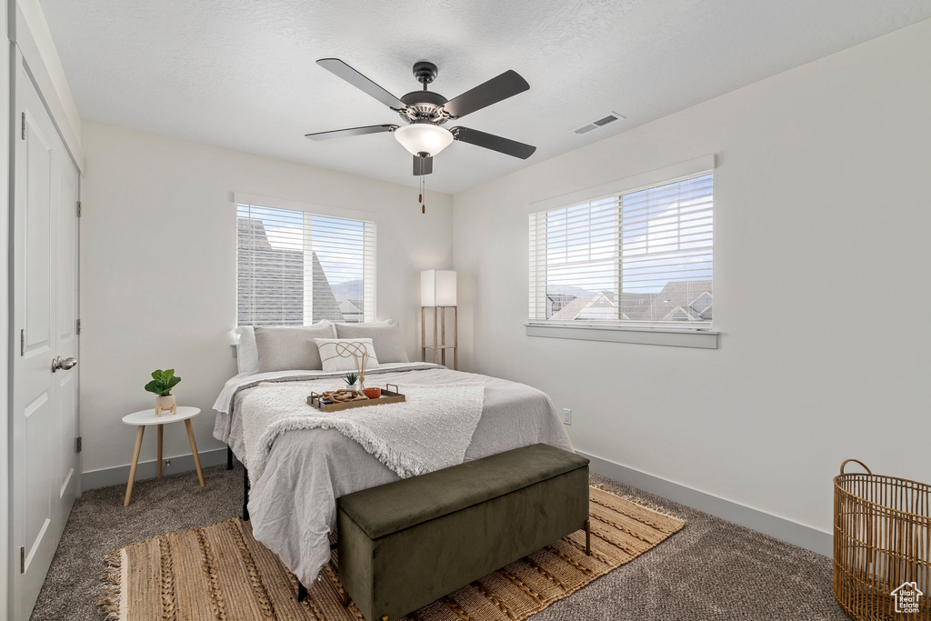 Bedroom featuring ceiling fan, a closet, and dark carpet