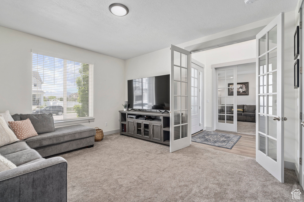 Living room featuring light carpet and french doors