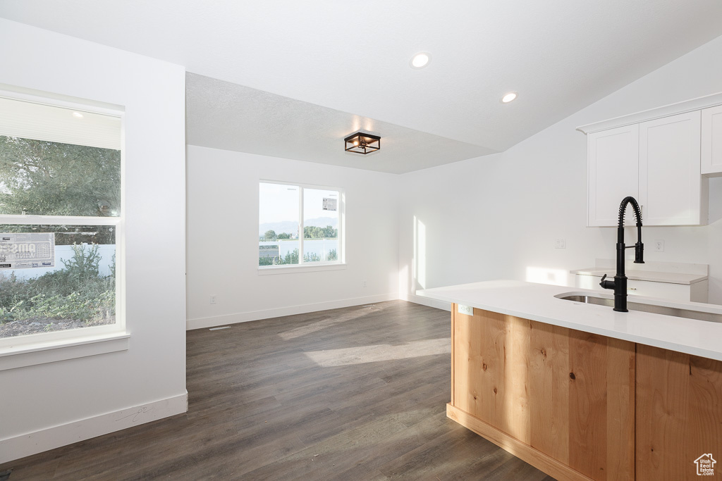 Kitchen featuring sink, white cabinets, lofted ceiling, and dark wood-type flooring