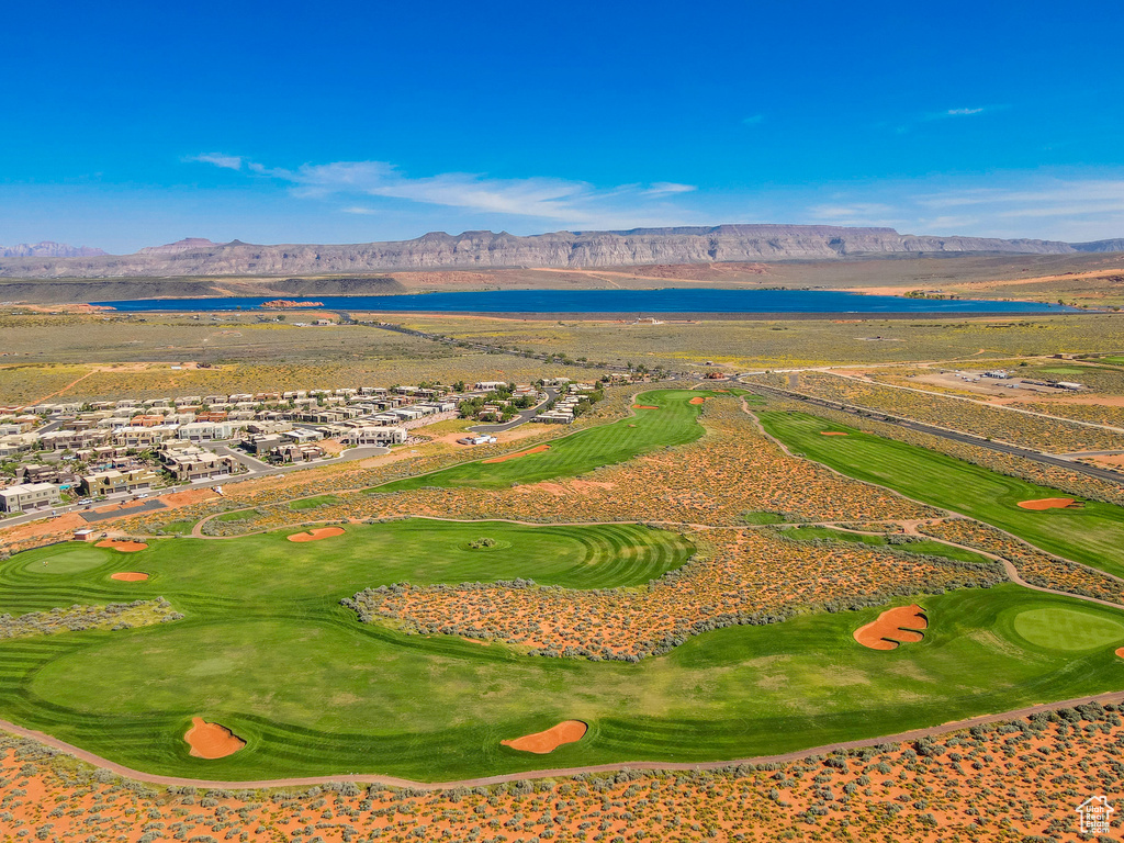 Bird's eye view with a water and mountain view