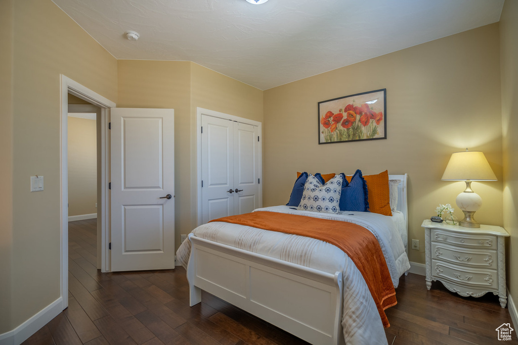 Bedroom with a closet and dark hardwood / wood-style flooring