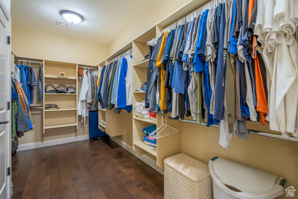 Walk in closet with hardwood / wood-style floors