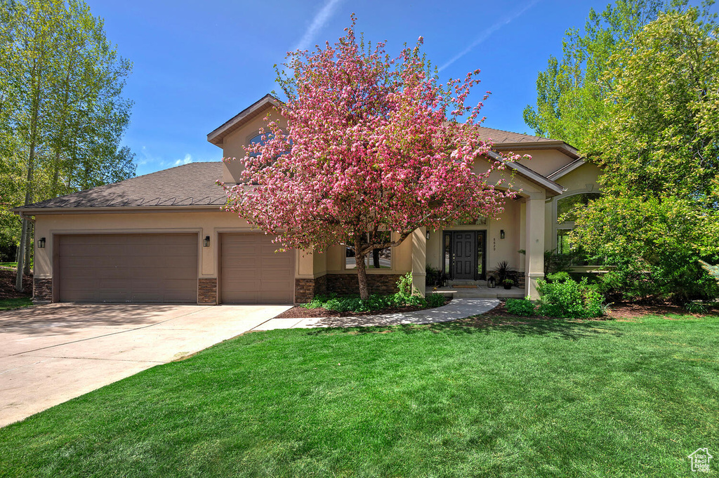 View of property hidden behind natural elements with a front yard and a garage