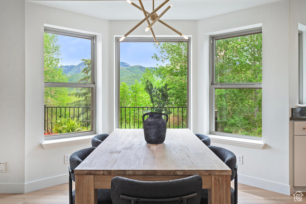 Dining space featuring light hardwood / wood-style floors and a notable chandelier