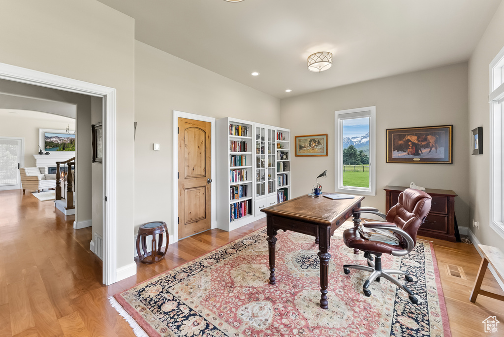 Office area with light hardwood / wood-style flooring