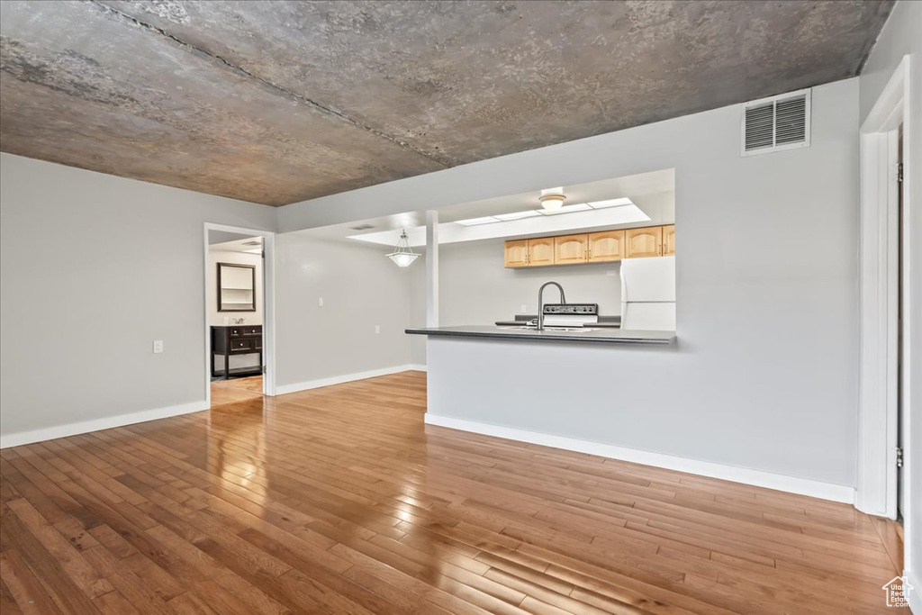 Unfurnished living room featuring light hardwood / wood-style floors and sink