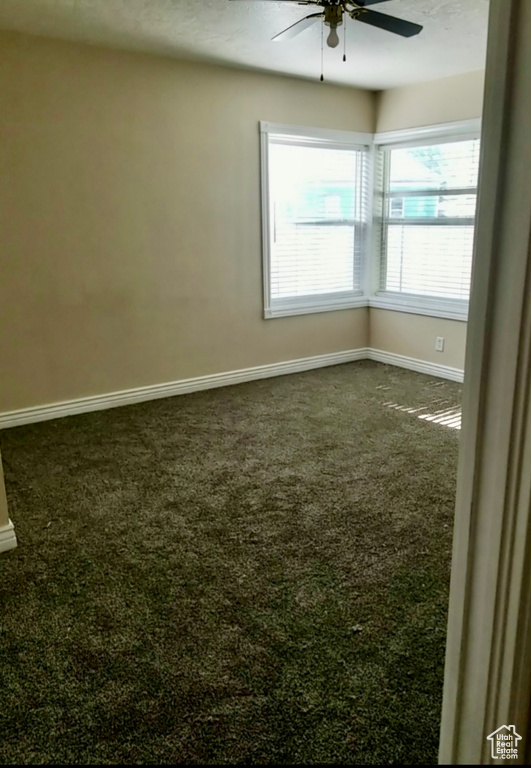 Carpeted spare room with plenty of natural light and ceiling fan