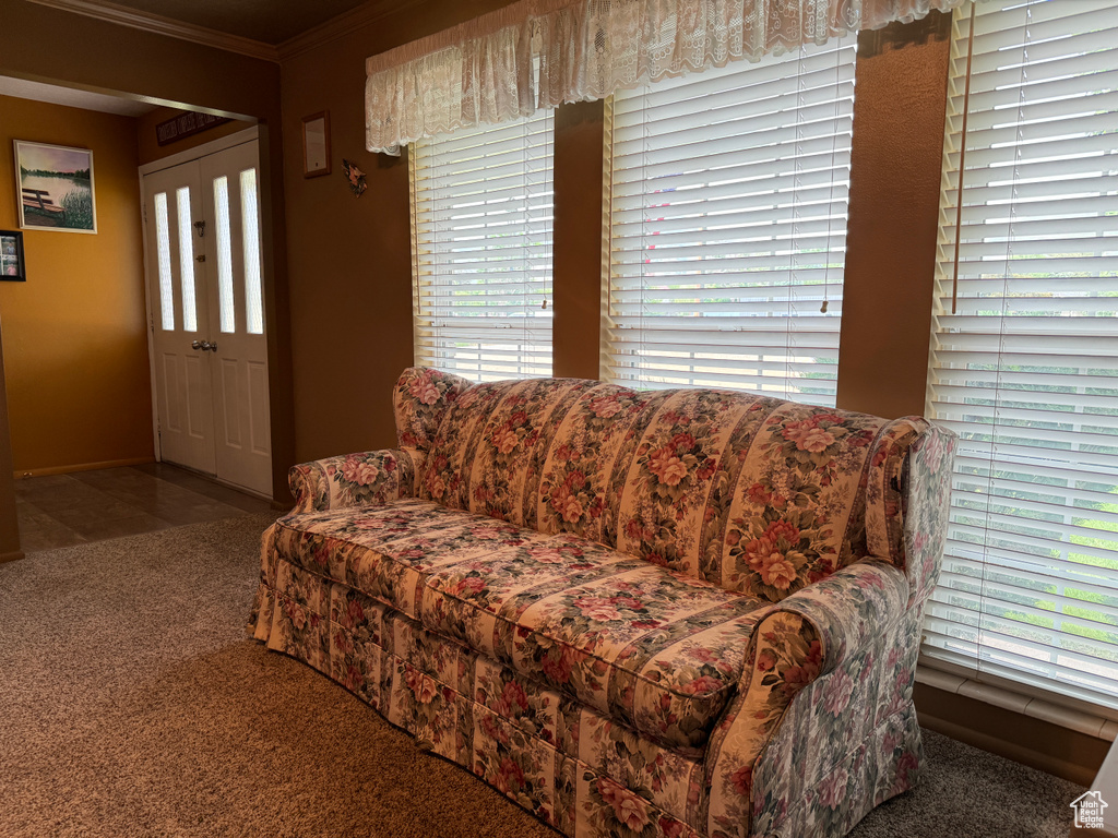 Living room with a healthy amount of sunlight, dark carpet, and crown molding