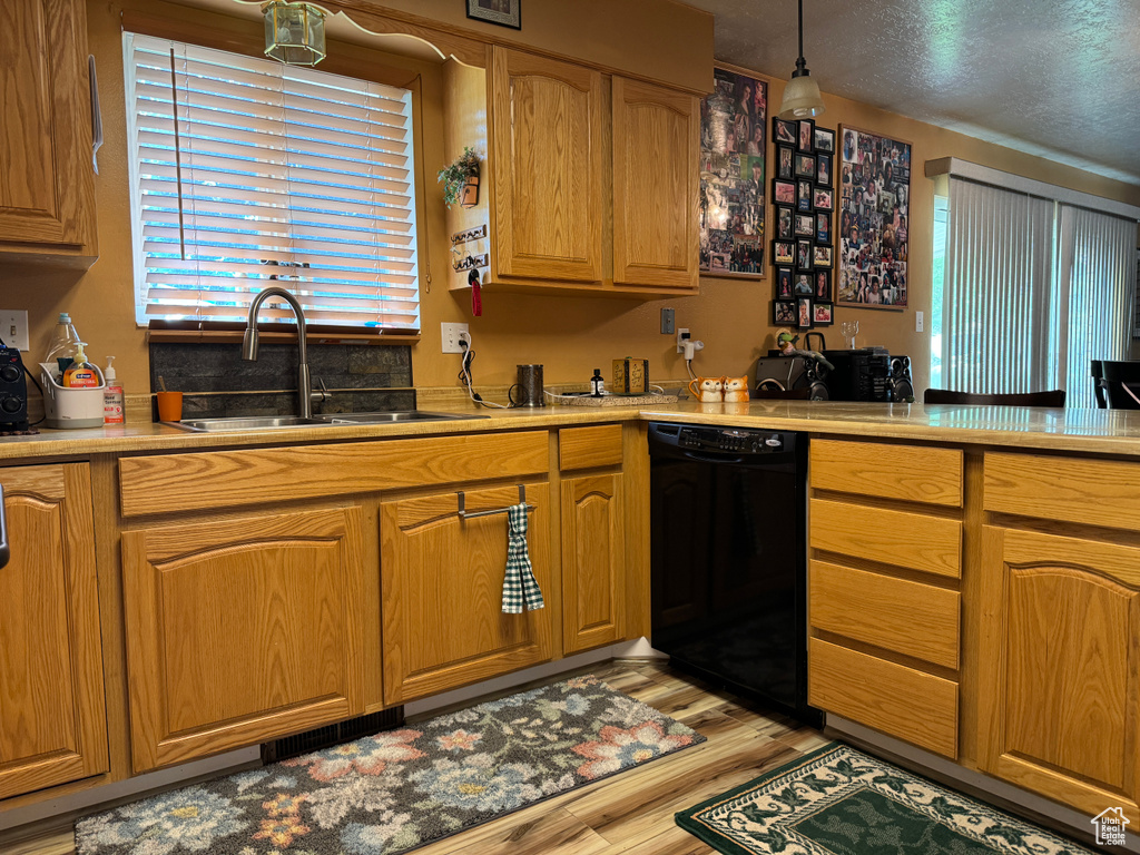 Kitchen with light wood-type flooring, a textured ceiling, black dishwasher, hanging light fixtures, and sink