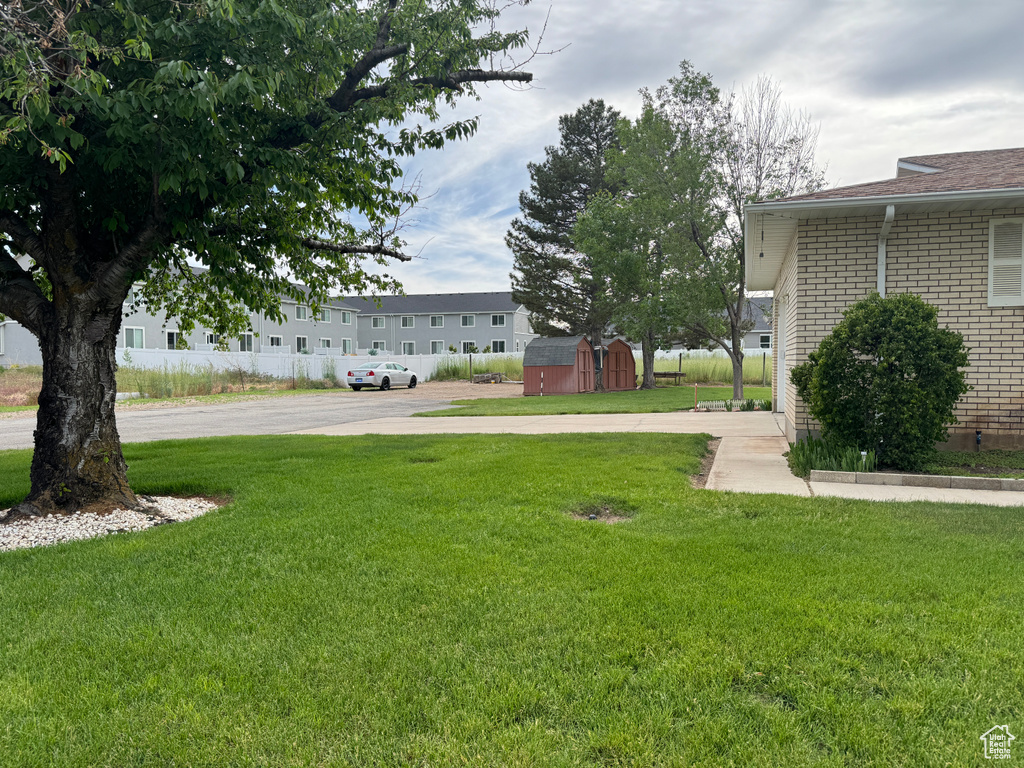 View of yard featuring a storage shed