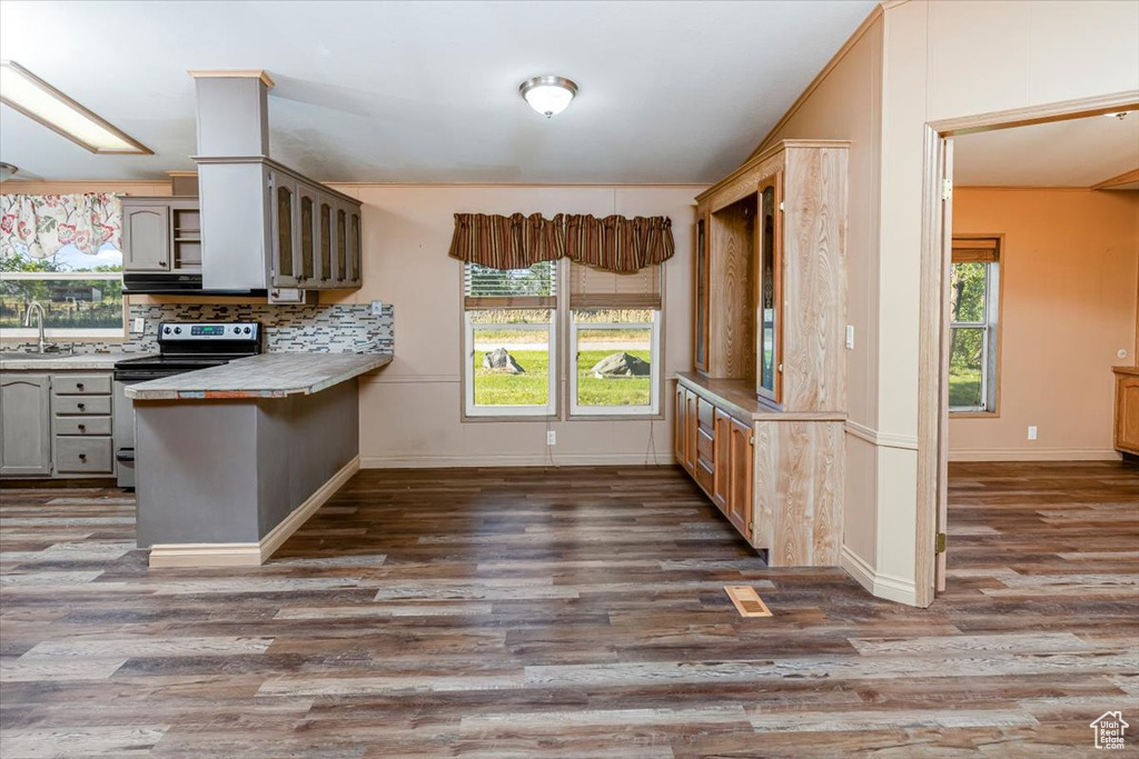 Kitchen featuring gray cabinetry, stainless steel electric range oven, tasteful backsplash, dark wood-type flooring, and sink