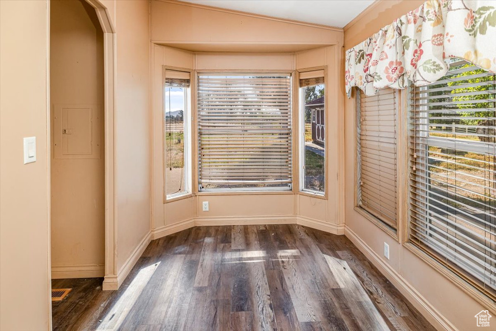 Unfurnished room with vaulted ceiling, plenty of natural light, and dark hardwood / wood-style floors