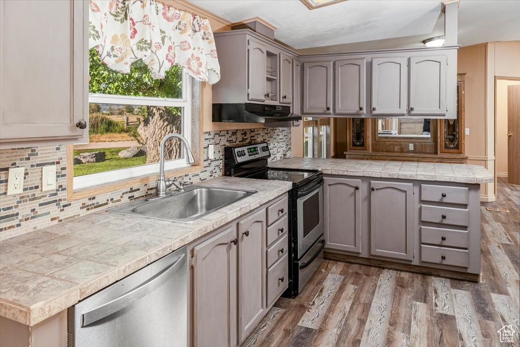 Kitchen featuring gray cabinetry, stainless steel appliances, hardwood / wood-style floors, fume extractor, and sink