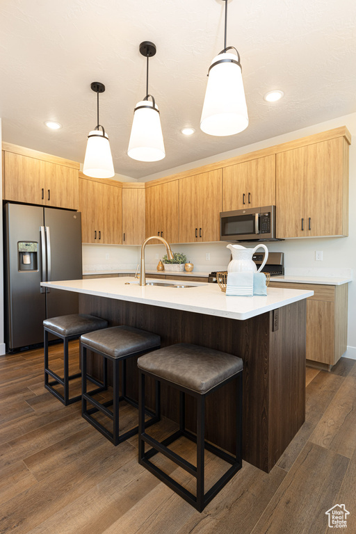 Kitchen featuring dark wood-type flooring, stainless steel appliances, a center island with sink, and decorative light fixtures