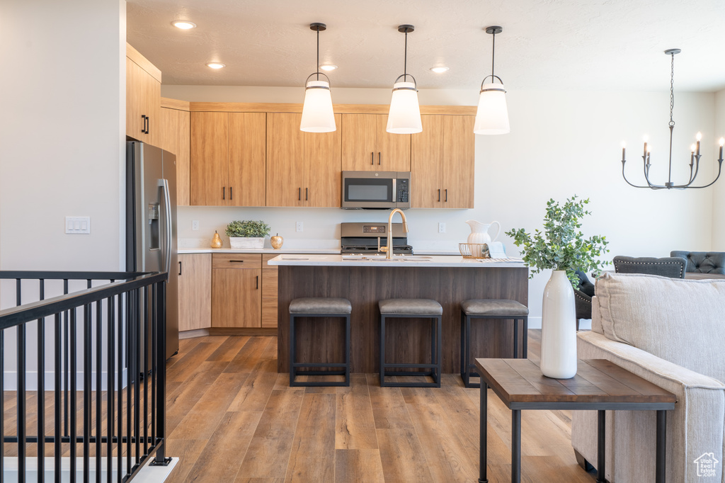 Kitchen featuring hanging light fixtures, stainless steel appliances, light wood-type flooring, and sink