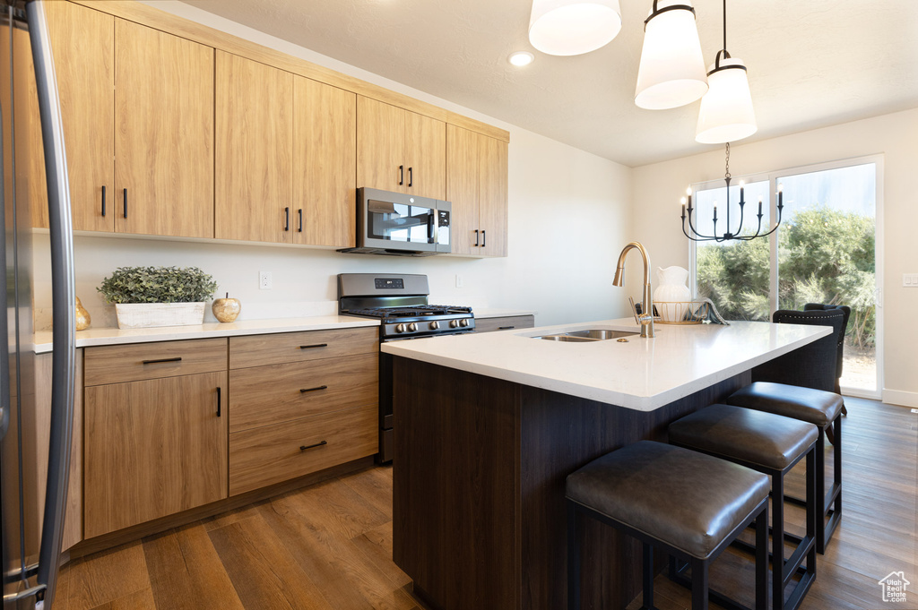 Kitchen featuring appliances with stainless steel finishes, dark hardwood / wood-style flooring, pendant lighting, and sink