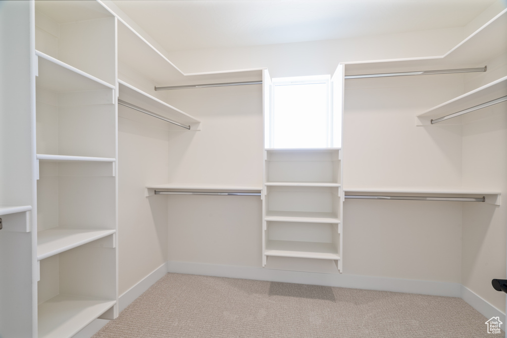 Walk in closet with light carpet