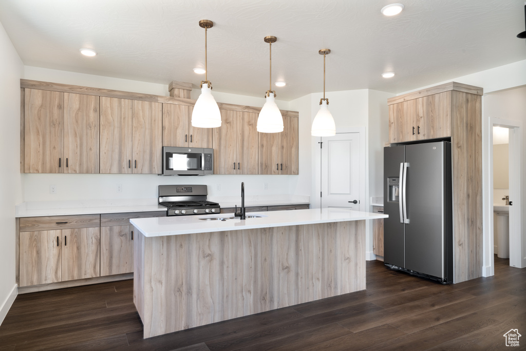 Kitchen with dark wood-type flooring, an island with sink, hanging light fixtures, sink, and appliances with stainless steel finishes