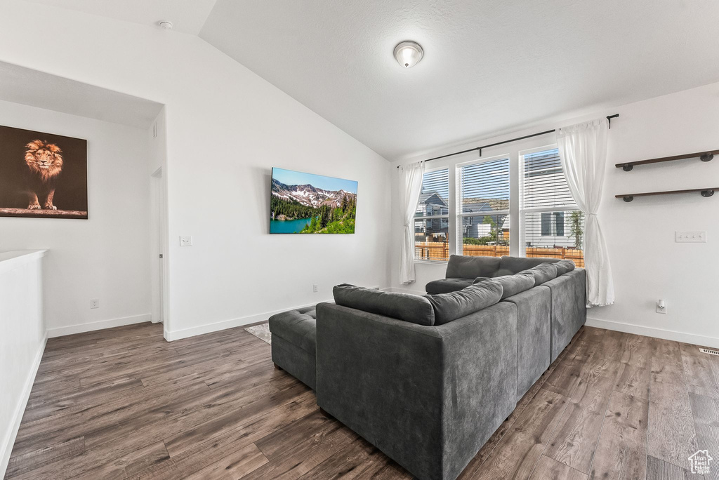 Living room with lofted ceiling and dark hardwood / wood-style flooring