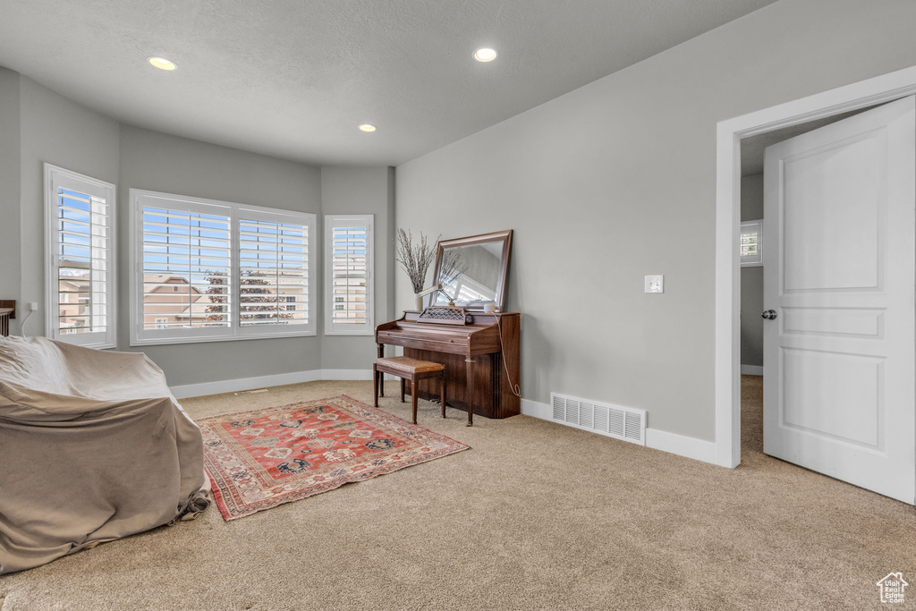 Living area with a wealth of natural light and carpet floors