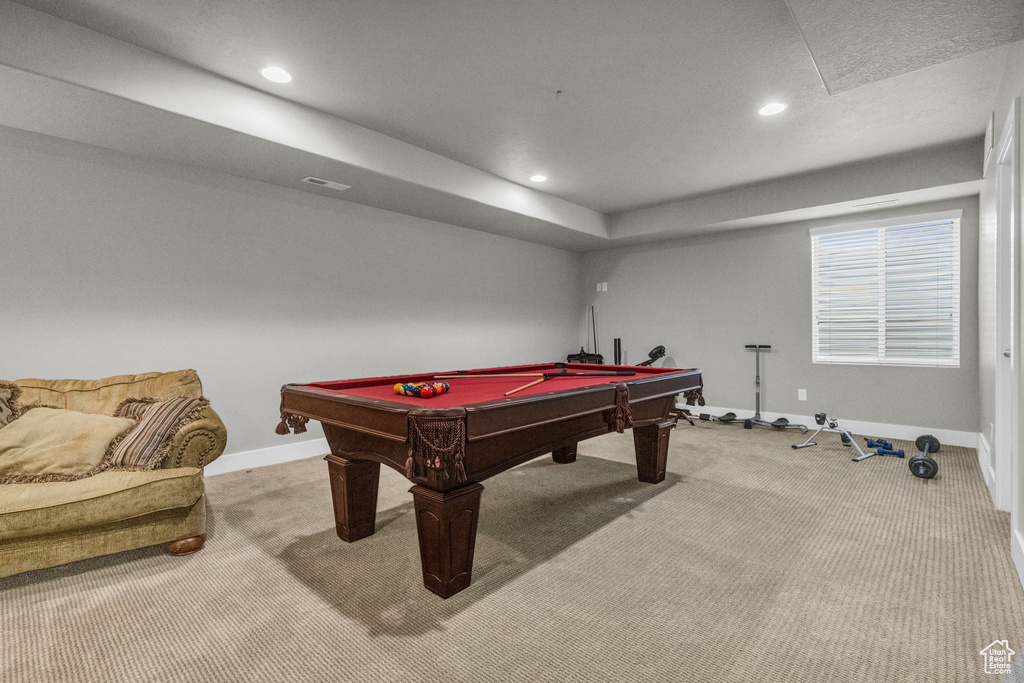 Recreation room featuring billiards and carpet floors