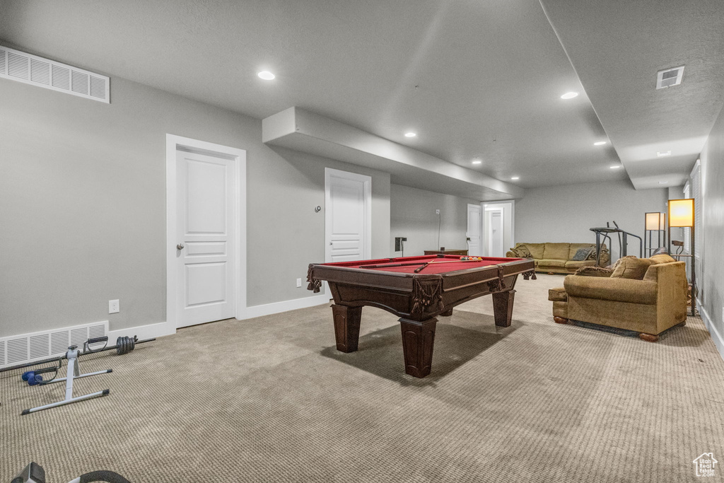 Game room featuring carpet floors and pool table