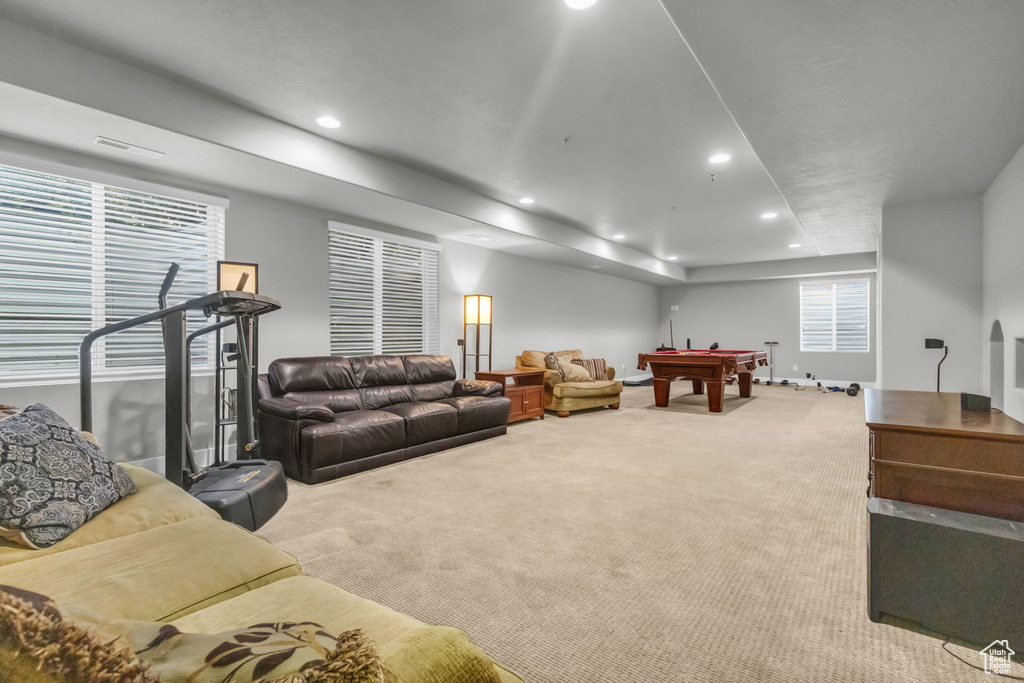 Carpeted living room featuring billiards