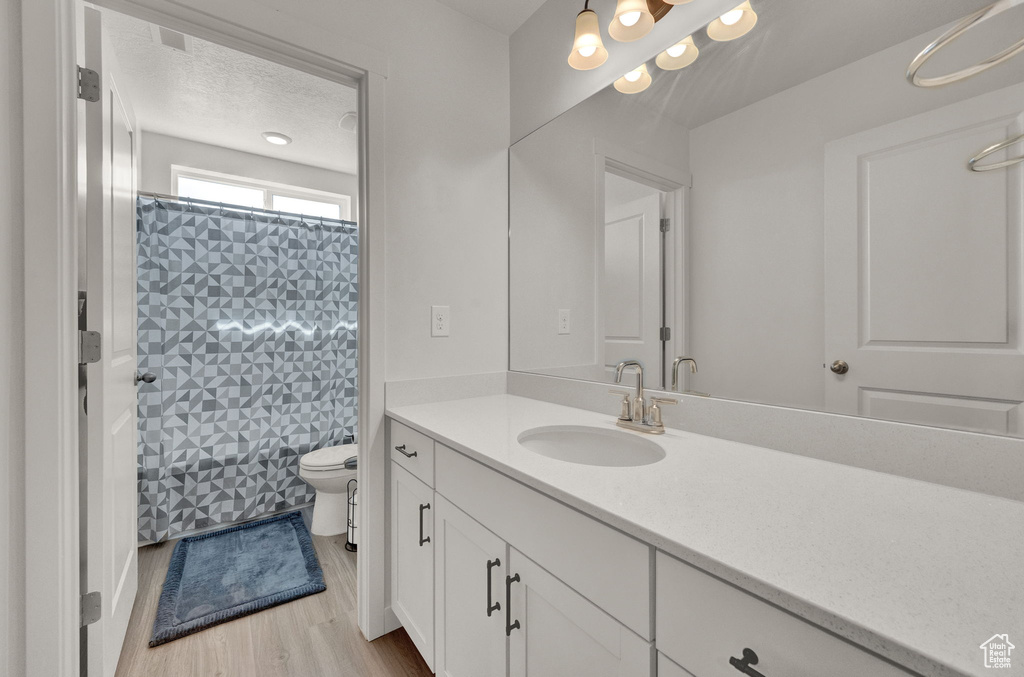 Bathroom with hardwood / wood-style floors, vanity, toilet, and tile walls