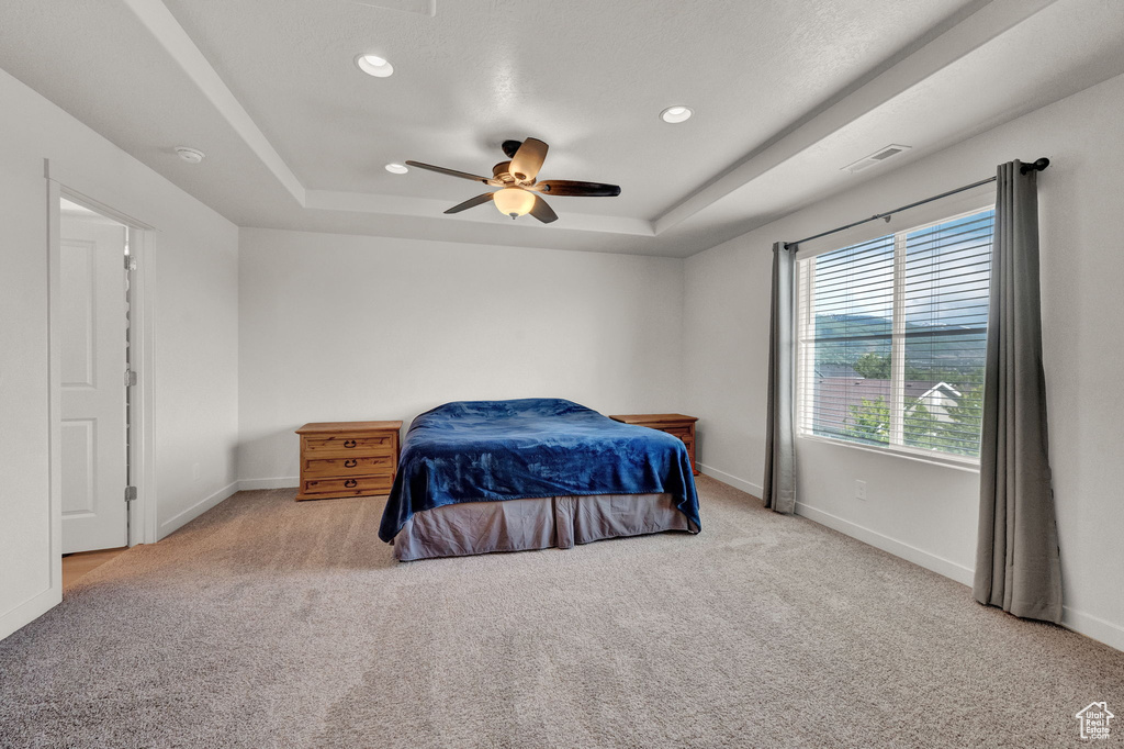 Carpeted bedroom with ceiling fan and a raised ceiling