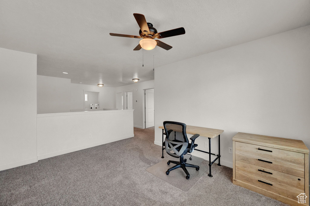 Carpeted office with ceiling fan