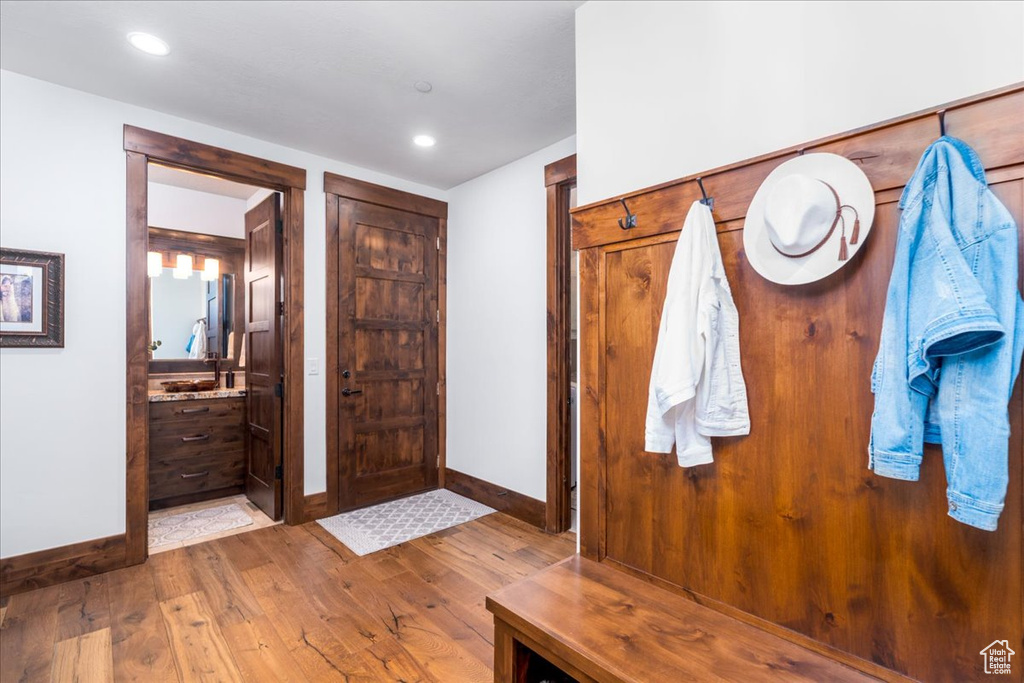 Foyer with light wood-type flooring