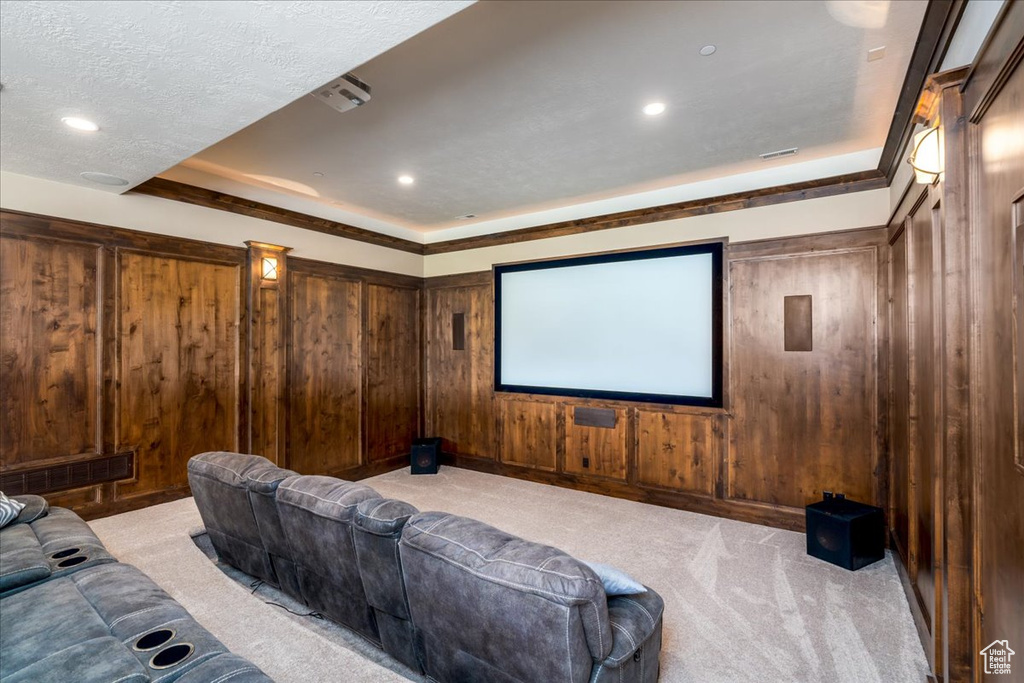 Cinema with wooden walls, a raised ceiling, and light colored carpet