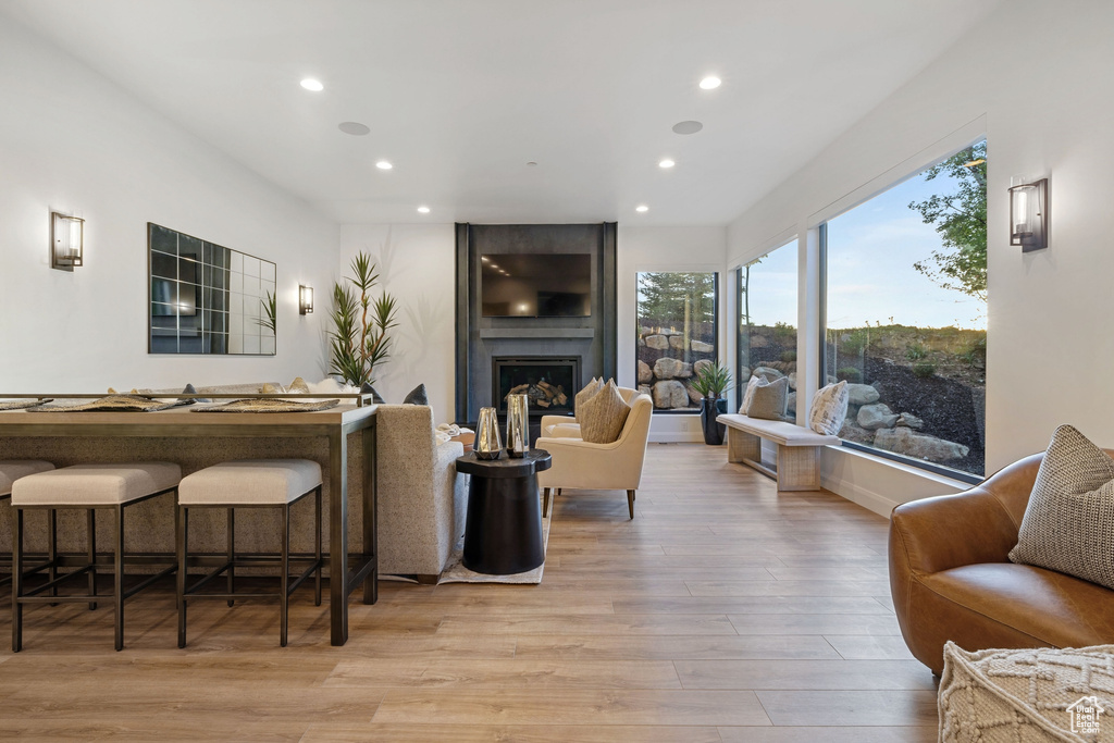 Living room featuring a fireplace and hardwood / wood-style floors