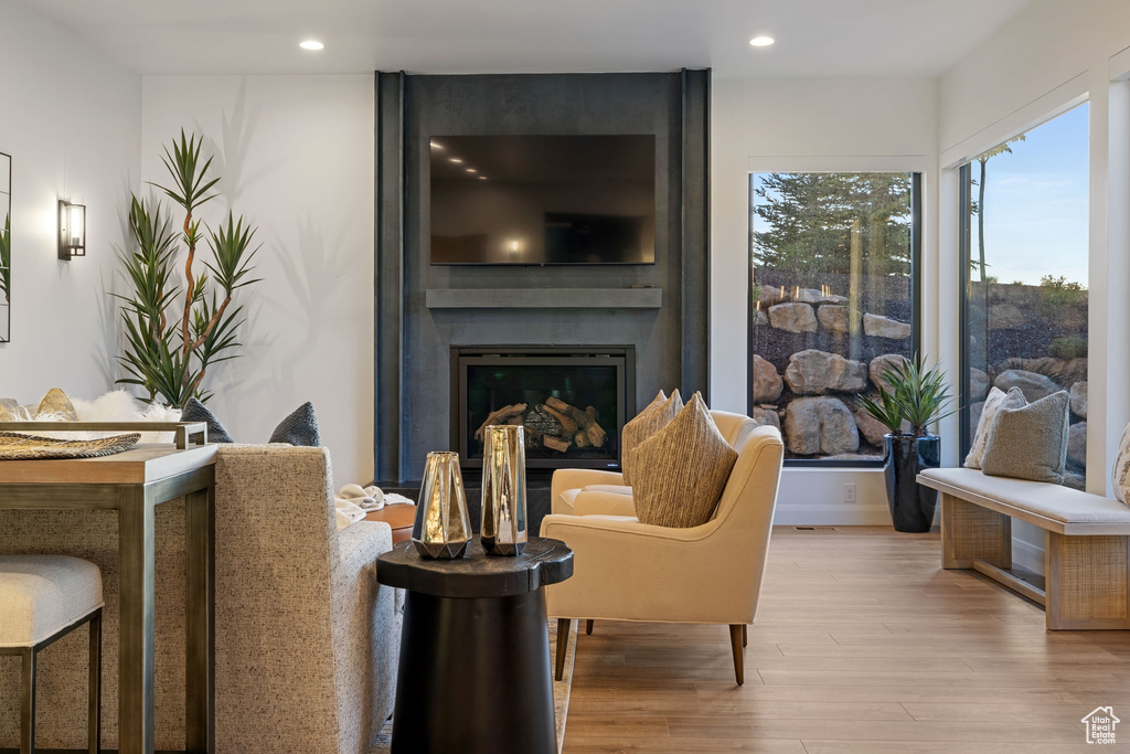 Living room featuring hardwood / wood-style floors and a fireplace