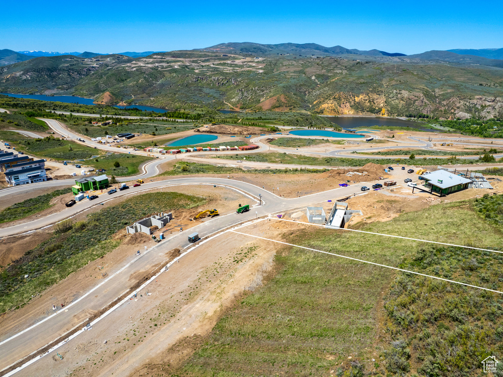 Aerial view with a water and mountain view