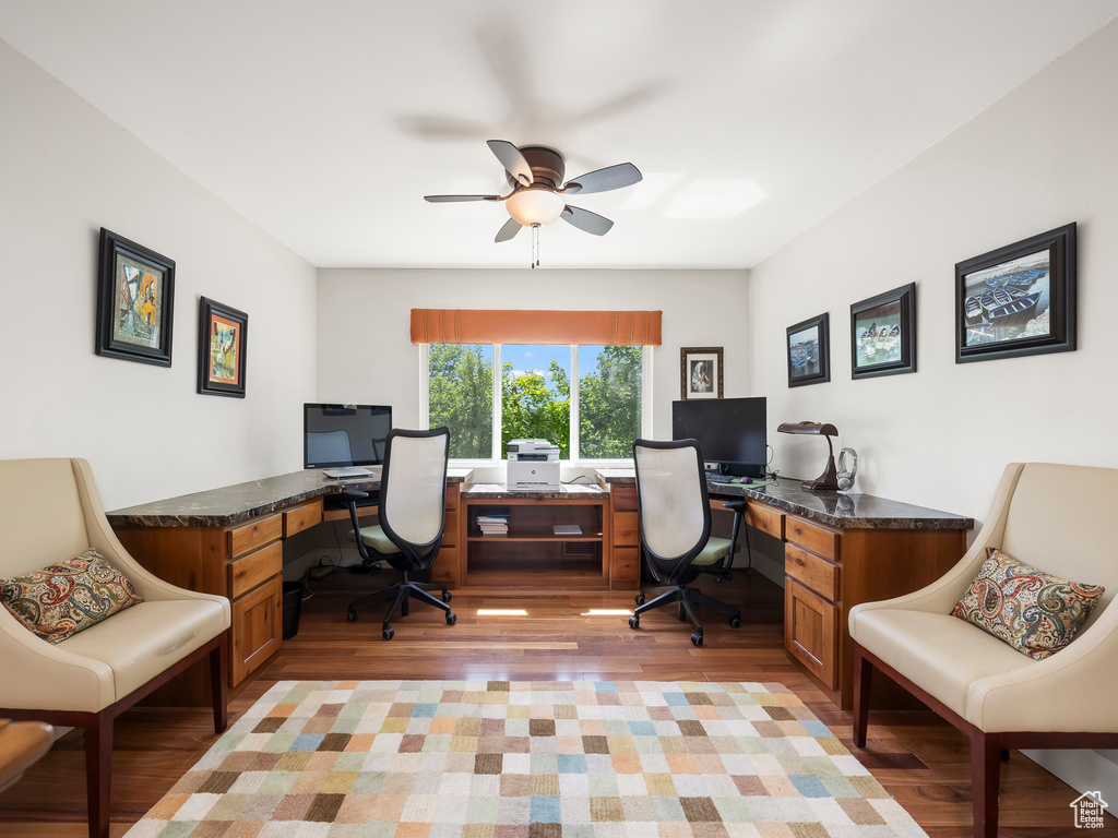 Office featuring ceiling fan and hardwood / wood-style floors