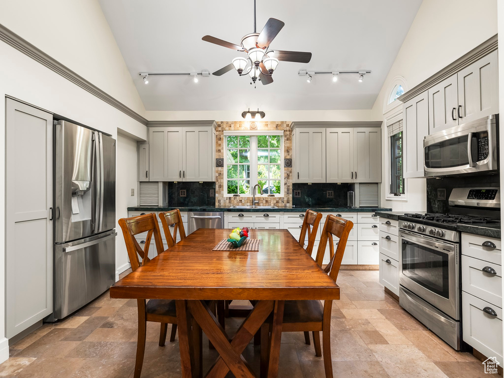 Kitchen with gray cabinetry, appliances with stainless steel finishes, tasteful backsplash, track lighting, and ceiling fan