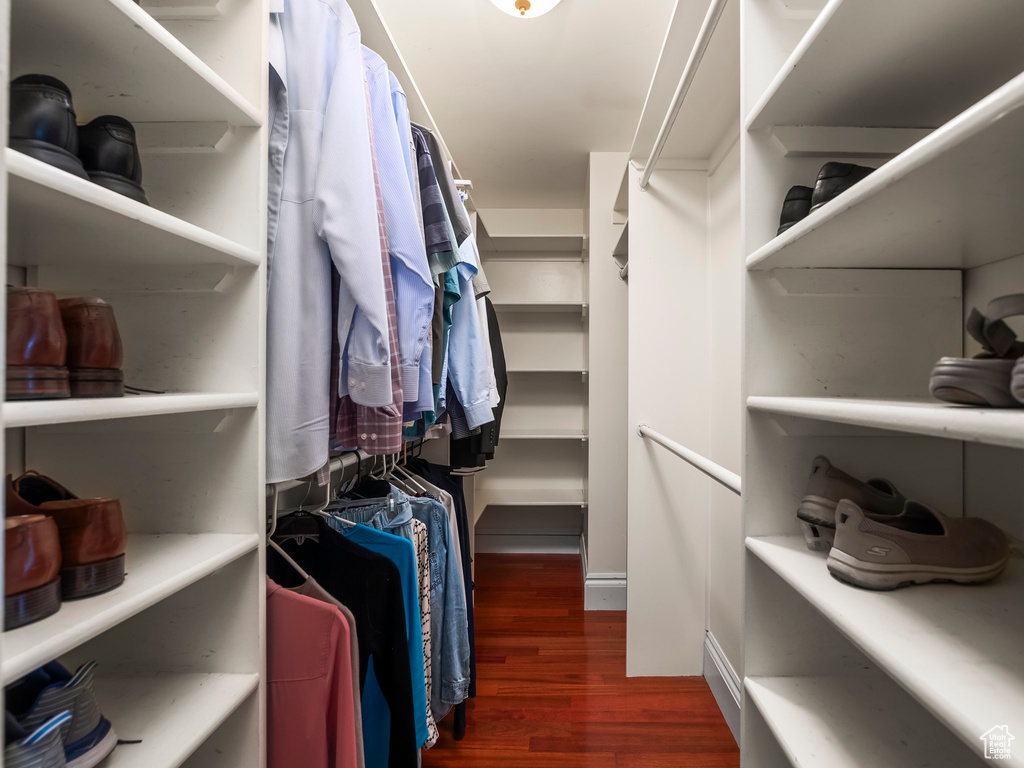 Spacious closet featuring dark wood-type flooring