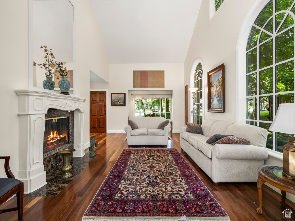 Living room featuring a high end fireplace, high vaulted ceiling, and dark hardwood / wood-style flooring