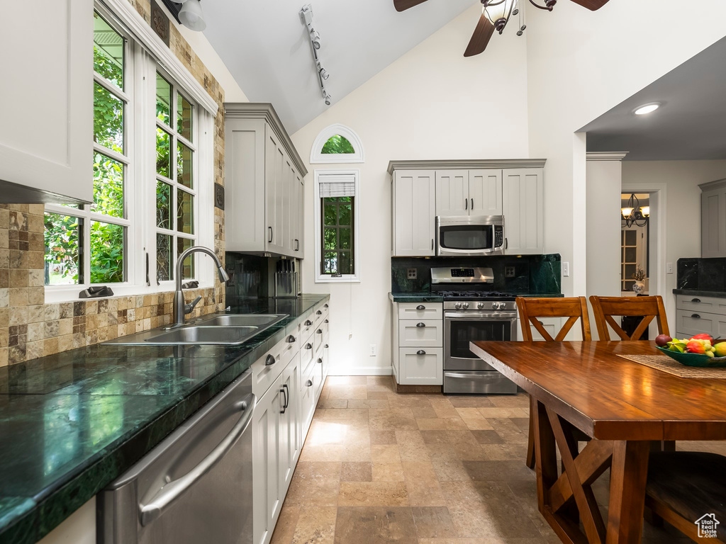 Kitchen featuring stainless steel appliances, ceiling fan, tasteful backsplash, track lighting, and sink